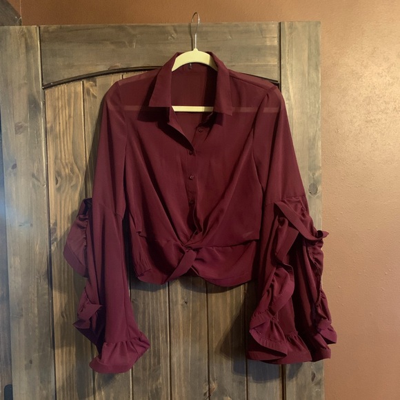 Maroon sheer crop blouse with flutter sleeve. - Picture 1 of 6